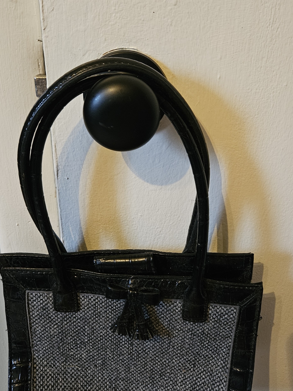 Liz Claiborne Black Trim Gray Woven Tote with Tassel